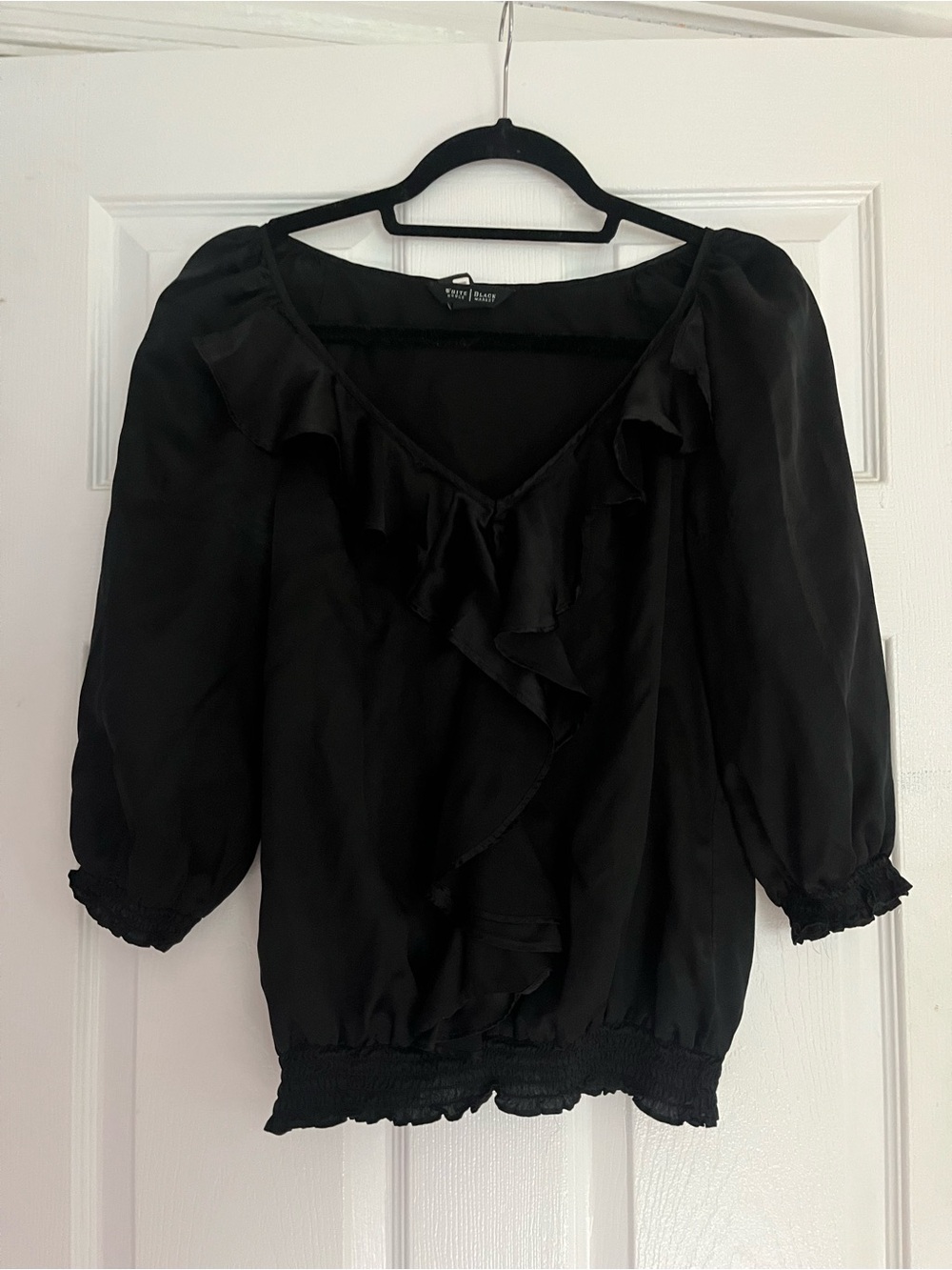White House Black Market Ruffled V-Neck Black Blouse
